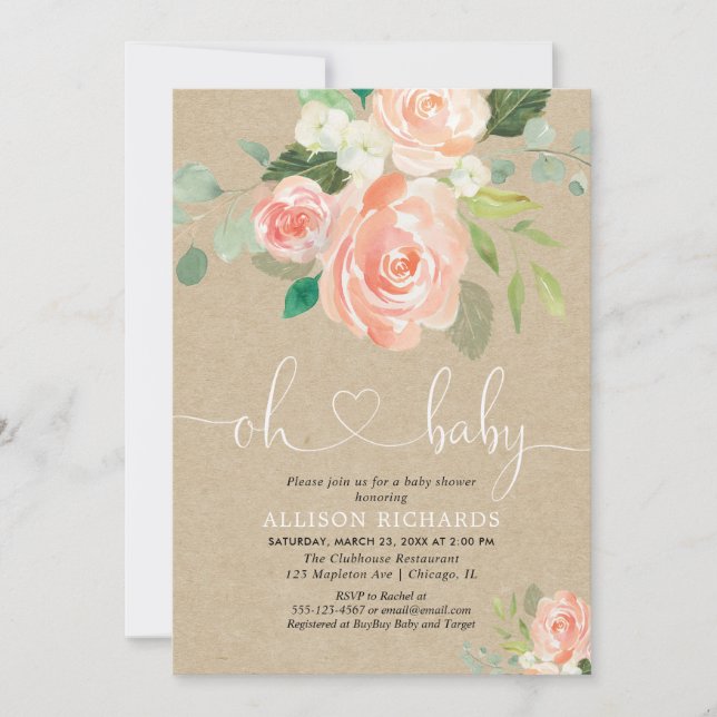 Invitation Baby shower rustique de pêche floral kraft fille (Devant)
