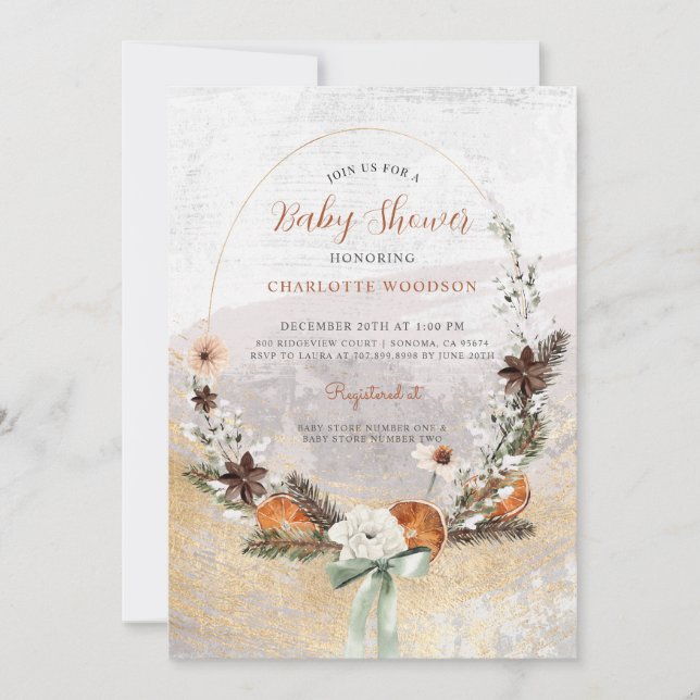 Invitation Baby shower rustique de pin d'agrumes d'hiver (Devant)