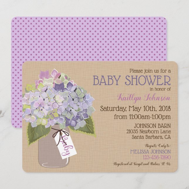 Invitation Baby shower rustique de pot de maçon d'hortensia (Devant / Derrière)