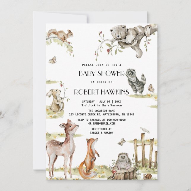 Invitation Baby shower Rustique des animaux de bois de forêt  (Devant)