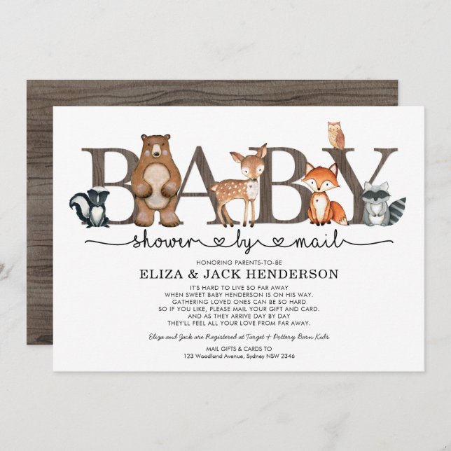 Invitation Baby shower Rustique Des Animaux De Bois Par Courr (Devant / Derrière)