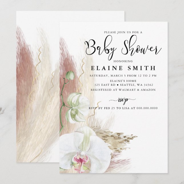 Invitation Baby shower rustique d'orchidée en laiton Boho Pam (Devant / Derrière)