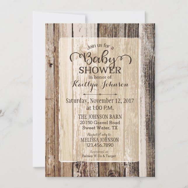Invitation Baby shower rustique en bois d'étable (Devant)