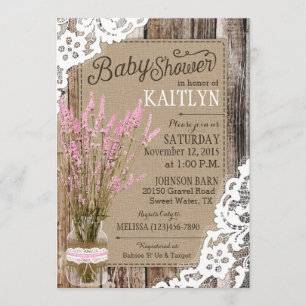 Invitation Baby shower rustique en dentelle de bois de lavand