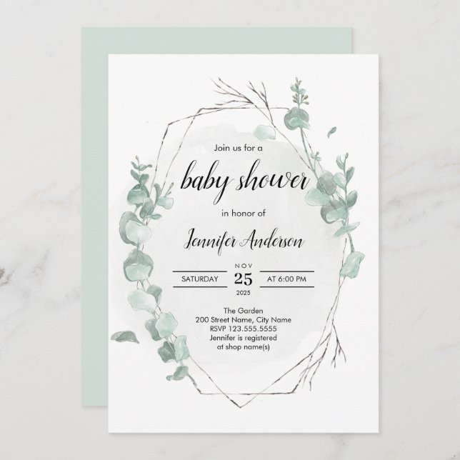 Invitation Baby shower Rustique Eucalyptus (Devant / Derrière)