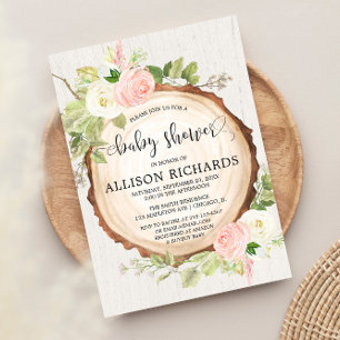 Invitation Baby shower rustique fille, crème rose rousse flor