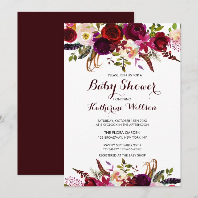 Invitation Baby shower Rustique Floral Bourgogne Marsala (Devant / Derrière)