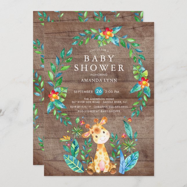 Invitation Baby shower Rustique Jungle Giraffe Boy (Devant / Derrière)