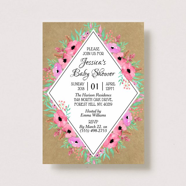 Invitation Baby shower rustique Kraft & Watercolor Flowers (Créateur téléchargé)