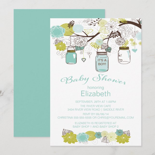 Invitation Baby shower rustique Mason Jar Boys (Devant / Derrière)