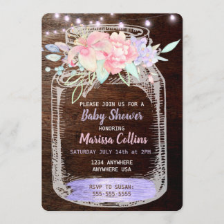 Invitation Baby shower rustique, Mason Jar illumine la flore