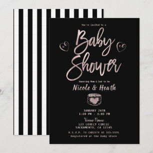 Invitation Baby Shower Rustique Noir Blanc Rayures Rose Gold