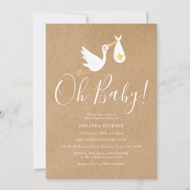 Invitation Baby shower rustique Oh Baby Stork (Devant)