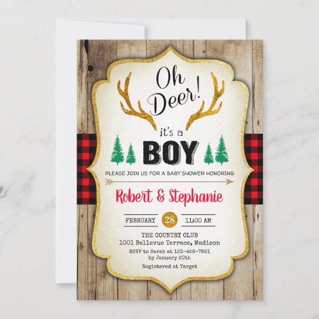 Invitation Baby shower rustique - Oh Deer (Devant)