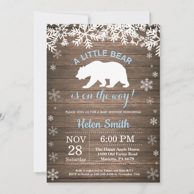 Invitation Baby shower Rustique Polar Bear Winter Boy (Devant)