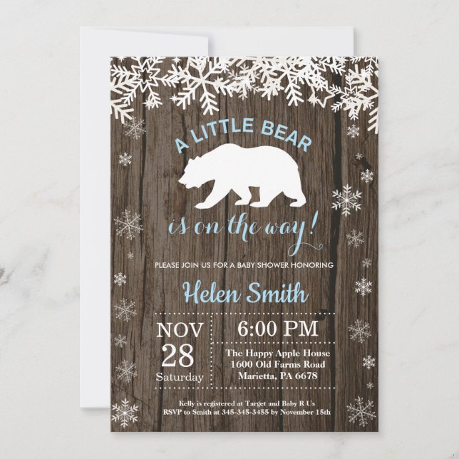 Invitation Baby shower Rustique Polar Bear Winter Boy (Devant)