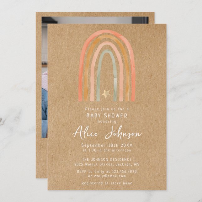 Invitation Baby shower Rustique Rainbow Et Star Photo Boho (Devant / Derrière)