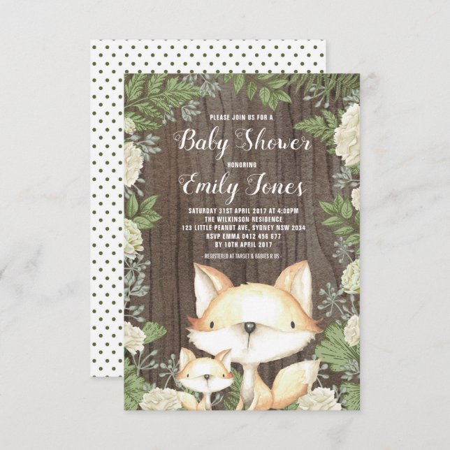 Invitation Baby shower rustique renard vert botanique (Devant / Derrière)