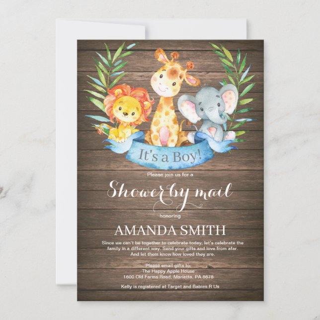Invitation Baby shower rustique Safari Jungle Boy par mail (Devant)