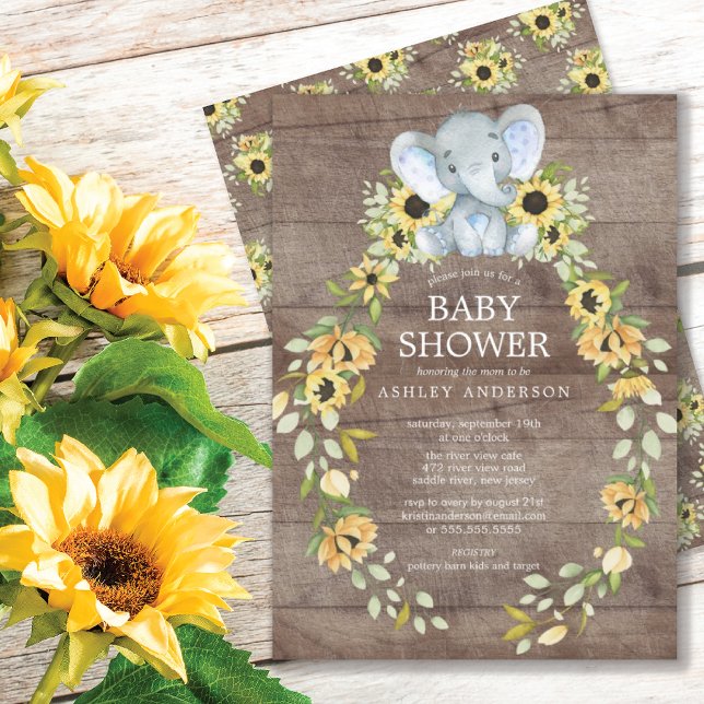 Invitation Baby shower Rustique Sunflower & Baby Elephant Boy (Créateur téléchargé)