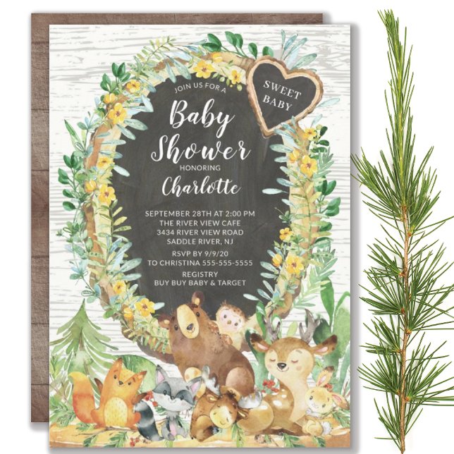 Invitation Baby shower Rustique Sweet Baby Woodland Animaux (Créateur téléchargé)