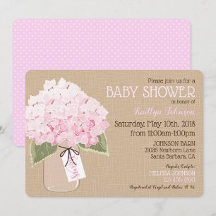 Invitation Baby shower rustique Twins Pink Hydrangea Mason Ja