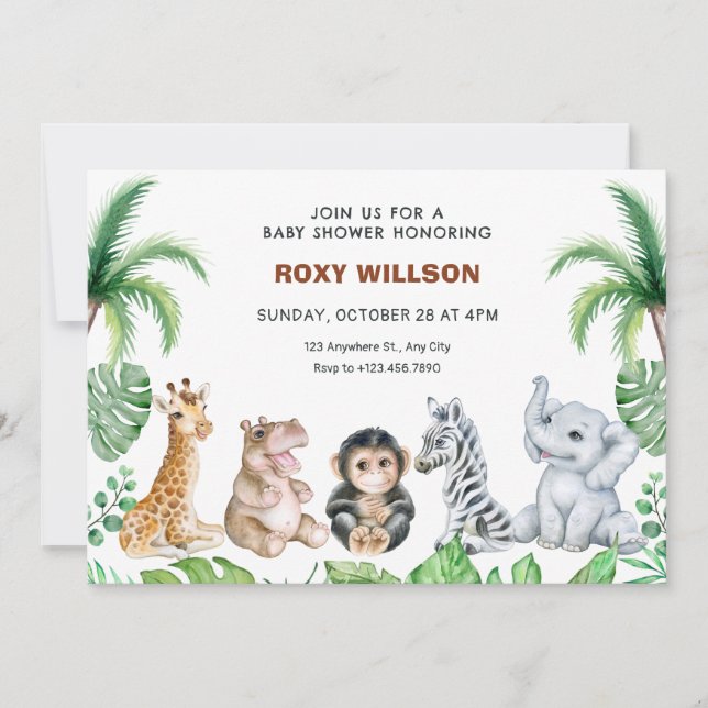 Invitation Baby shower safari adorable pour bébés animaux (Devant)
