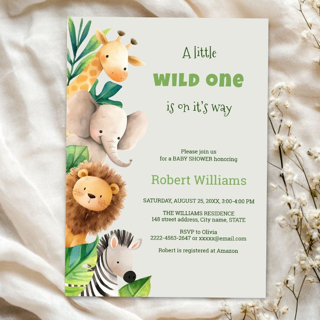Invitation Baby shower Safari animal watercolor (Safari wild one baby shower invitation )