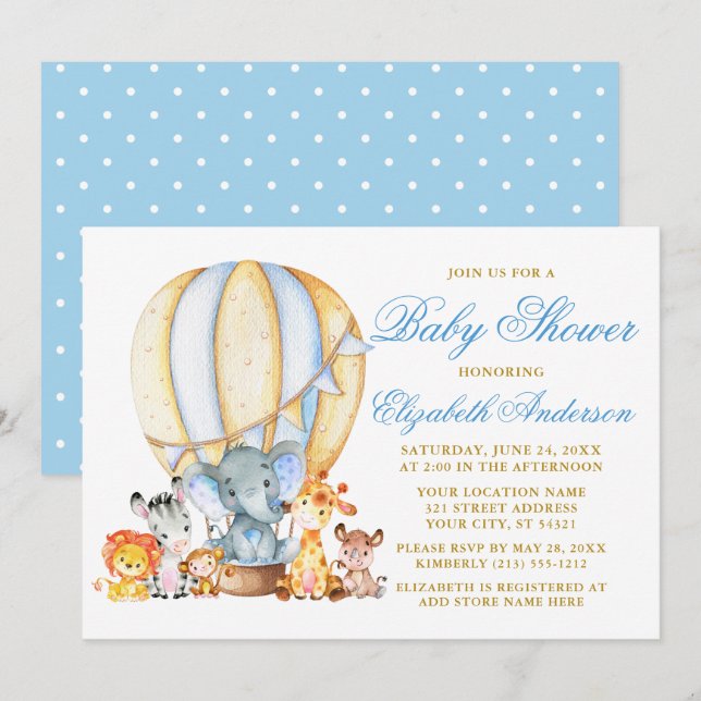 Invitation Baby shower Safari Animaux Blue Balloon Dots (Devant / Derrière)