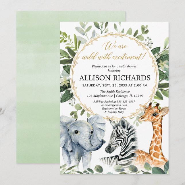 Invitation Baby shower Safari, animaux de la jungle sans dist (Devant / Derrière)