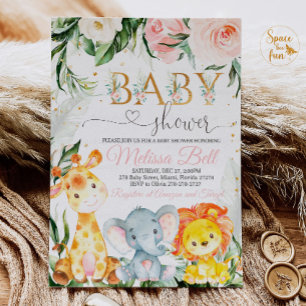 Invitation Baby shower Safari Bébé Fille Rose Jeun