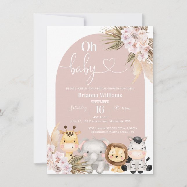 Invitation Baby shower Safari Blush Boho Floral Arch (Devant)
