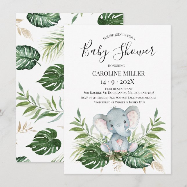 Invitation Baby shower Safari Elephant Gold Green Foliing (Devant / Derrière)