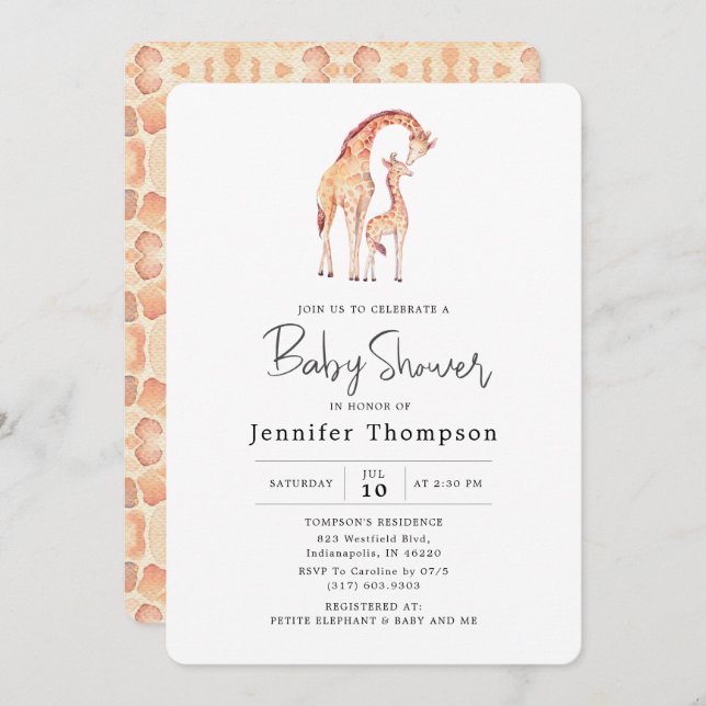 Invitation Baby shower Safari Giraffe (Devant / Derrière)