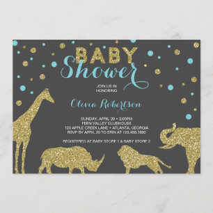 Invitation Baby shower Safari Invitation, Faux Gold, Aqua