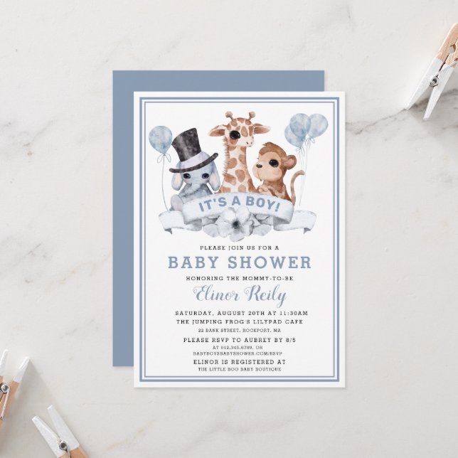 Invitation Baby shower Safari Jungle Boy (Devant/Arrière en situation)