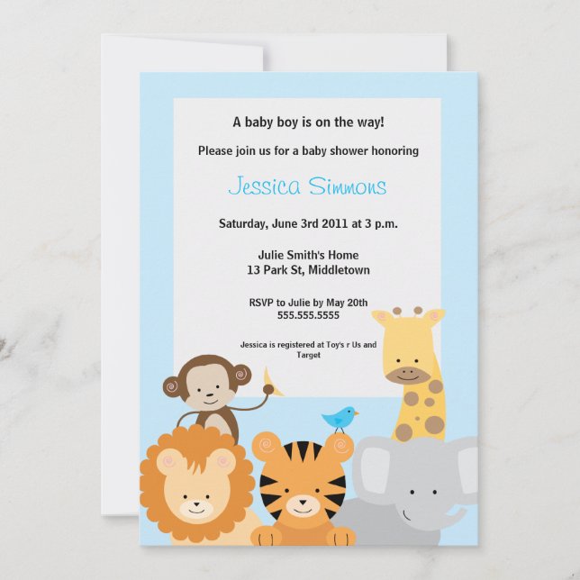 Invitation Baby shower Safari Jungle - Garçon (Devant)