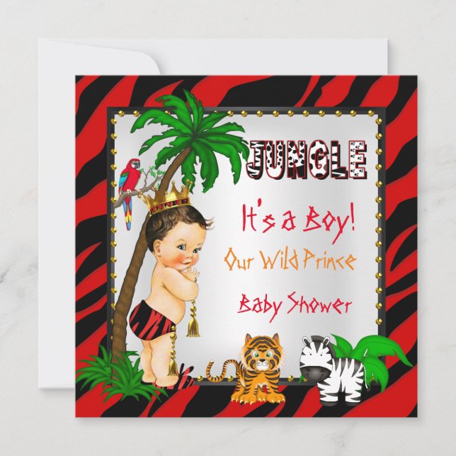 Invitation Baby shower Safari Jungle sauvage Prince Rouge Bru (Devant)