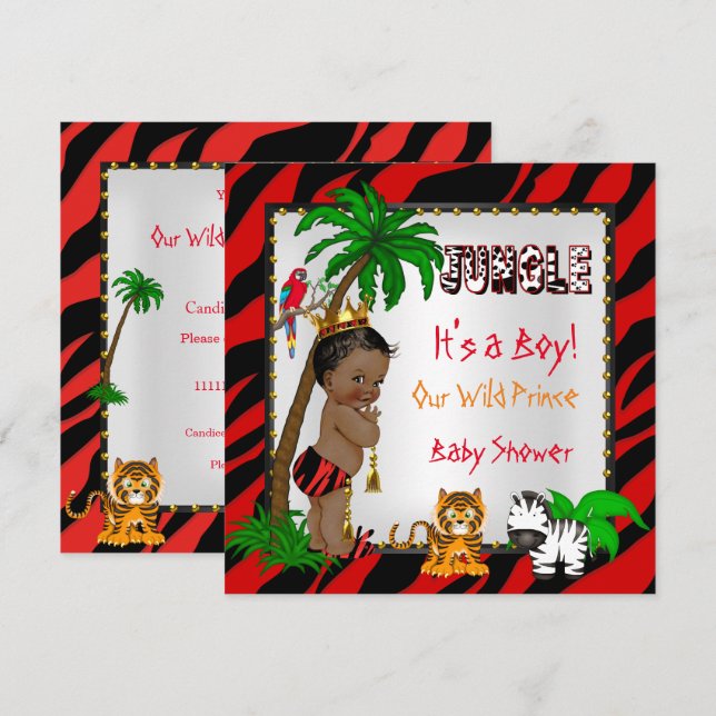 Invitation Baby shower Safari Jungle Wild Prince Red Ethnic (Devant / Derrière)