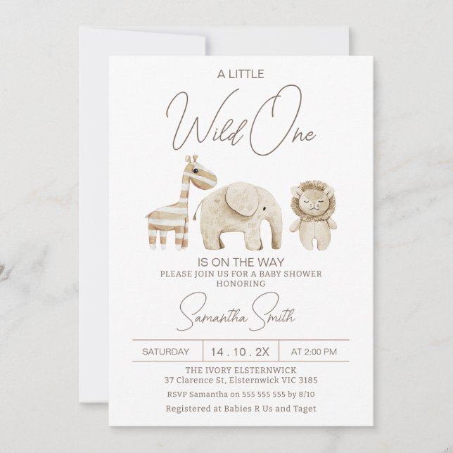 Invitation Baby shower Safari moderne beige Wild One (Devant)