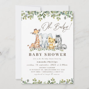 Invitation Baby shower Safari moderne Green Eucalyptus Foliag