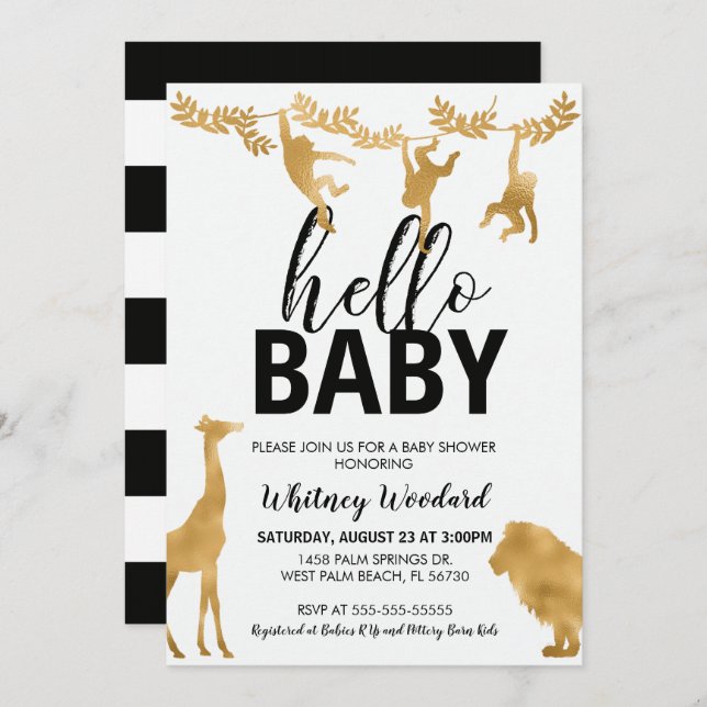 Invitation Baby shower Safari | Noir & Or (Devant / Derrière)