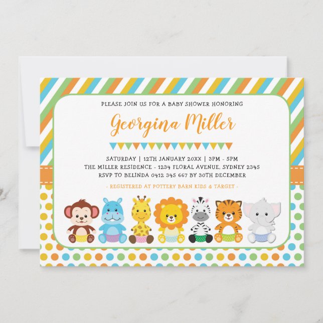 Invitation Baby shower Safari pour bébés animaux de la jungle (Devant)