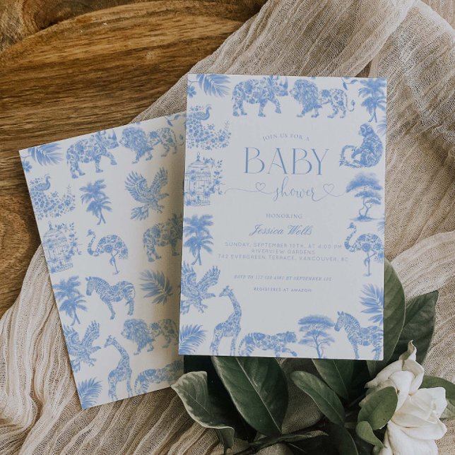 Invitation Baby shower Safari Toile De Jouy Blanc Et Bleu (Créateur téléchargé)