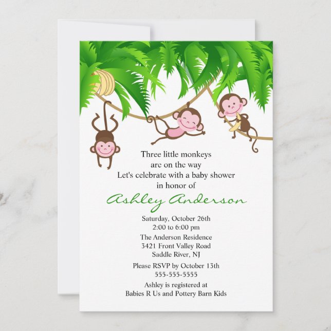 Invitation Baby shower Safari Triplet Monkeys (Devant)