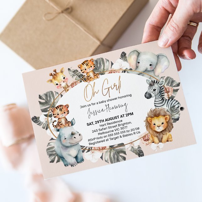 Invitation Baby shower Safari Tropical Boho Frame Filles Oval (Sweet safari girl baby shower invitation featuring various safari animals surrounding an oval frame.)
