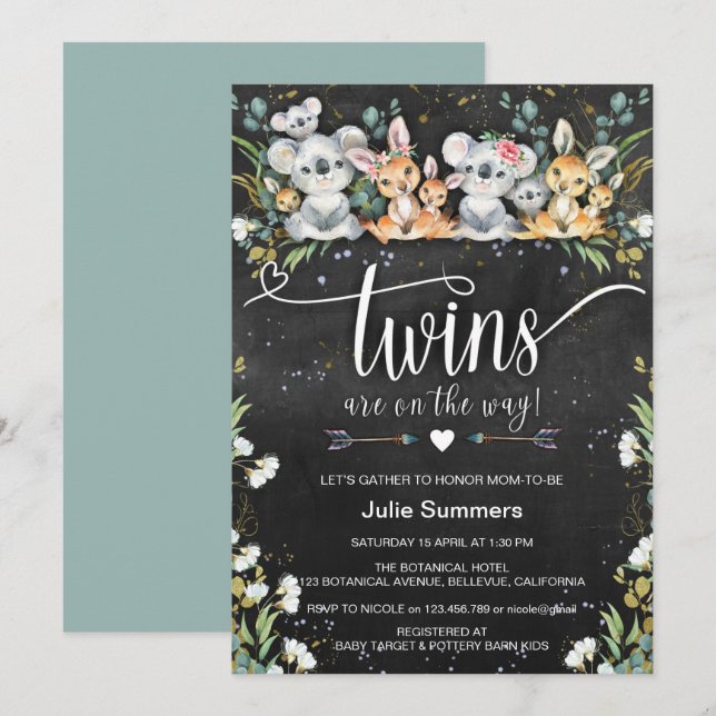 Invitation Baby shower Safari Twins Koala & Kangaroo (Devant / Derrière)