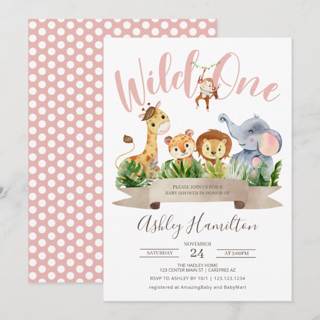 Invitation Baby shower Safari Wild One Jungle (Devant / Derrière)