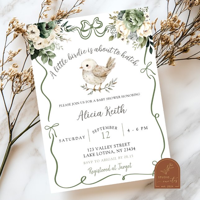 Invitation Baby shower Sage Green Birdie (Créateur téléchargé)