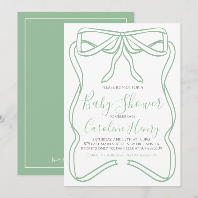 Invitation Baby shower Sage Green Coquette Bow FAIRE N'IMPORT (Devant / Derrière)